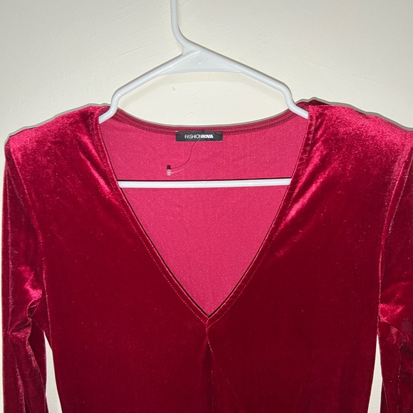 Thigh High Front Slit Velvet Dress - Wine M - Picture 5 of 7